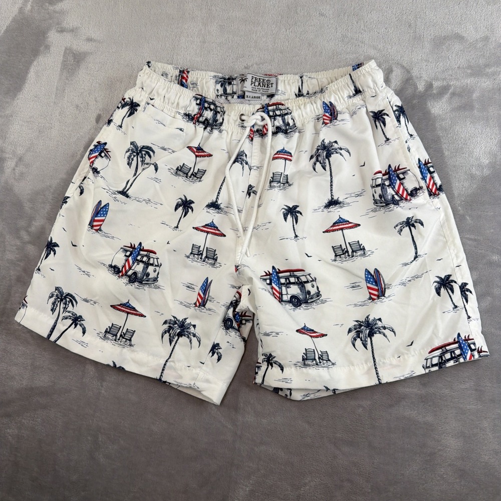 Free Planet Mens XL Swim Trunks Surf Van Palm Tree USA Flag Board Shorts Beach